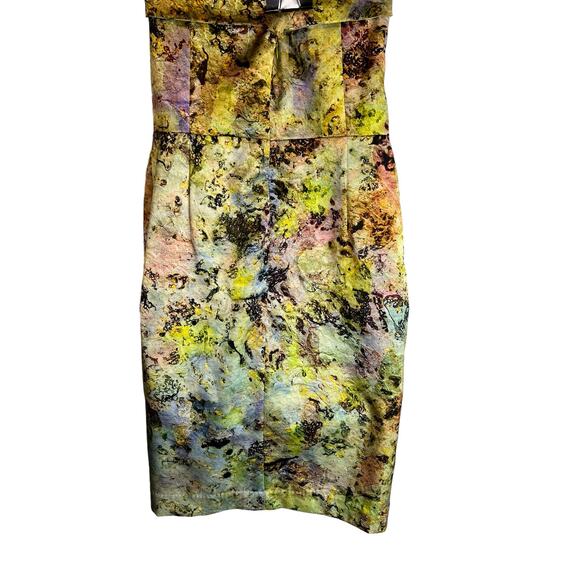 McGinn Womens Cocktail Dress Green Satin Strapless Watercolor 6 Pockets Pleated - Picture 7 of 11